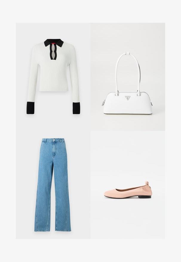 Top alb cu dungi tricotate, cu guler și manșete negre, având un detaliu de decolteu cu tăietură în formă de cheie. Cu mâneci lungi și un design ajustat.; Jeans de culoare albastră deschisă, cu croi larg, ce prezintă un talie înaltă, design cu cinci buzunare și închidere cu buton metalic. Construit dintr-o țesătură de denim cu o textură netedă.; Balerini de culoare roz pal, confecționați dintr-un material neted, cu vârf rotund, spate flexibil și un toc mic negru.; Geantă de mână din piele albă, cu o formă curbată, prezentând un logo triunghiular argintiu și închidere cu fermoar. Textură netedă și mânere duble.