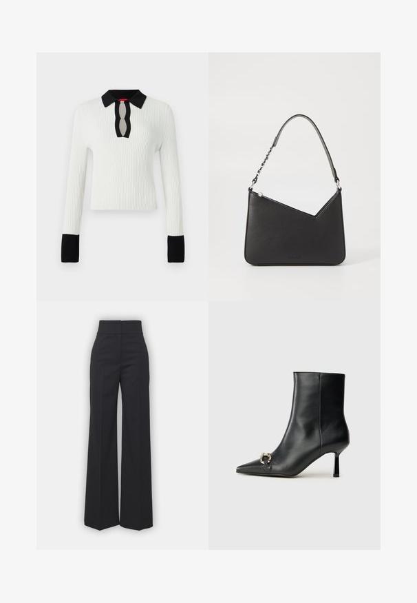 Biała dzianinowa bluzka z prążkowanego materiału, z czarnym kołnierzykiem i mankietami, z dekoltem w kształcie łezki. Długie rękawy i dopasowany krój.; Szerokie spodnie w czarnym materiale z wysokim stanem, charakteryzujące się czystym wykończeniem i gładką teksturą. Brak widocznych elementów metalowych i wzorów.; Czarny skórzany botek za kostkę z szpiczastym noskiem, smukłym średnim obcasem i srebrnym zapięciem po boku na jednolitym tle.; Czarna skórzana torebka o trójkątnym kształcie, z cienkim paskiem i srebrnymi elementami. Posiada zamek błyskawiczny oraz wytłoczone logo z przodu.