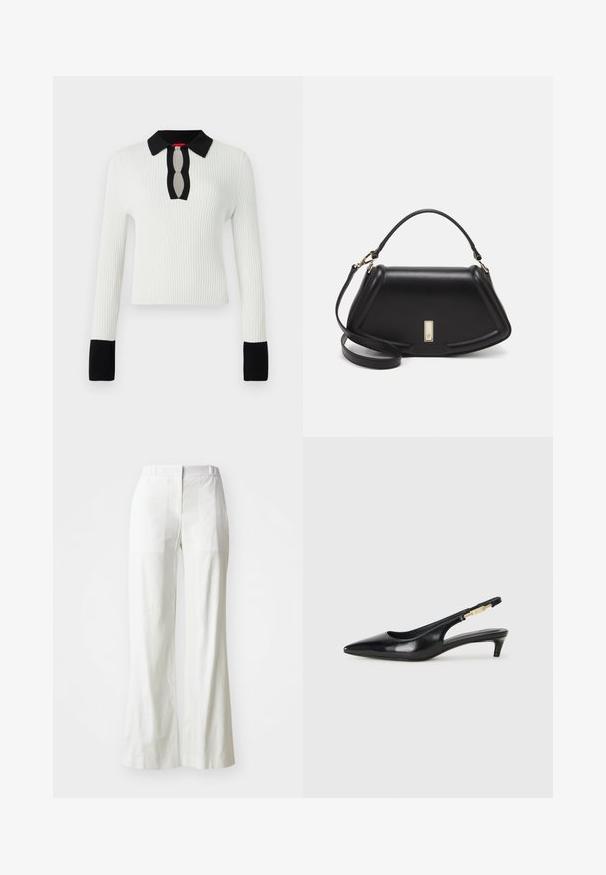 Bela rebrasta pletenina s črnim ovratnikom in manšetami, ki ima detajl ključavnice na dekolteju. Dolgi rokavi in prilega se.; Bele široke hlače z visokim pasom, izdelane iz lahkotnega materiala. Imajo ravno sprednjo stran, zadnji žep in čist, preprost dizajn.; Črne usnjene sandale na peto z ostro konico, ki imajo tanko peto in zlat ton na nastavljivem traku. Gladka tekstura.; Črna usnjena torbica s strukturnim dizajnom, ki ima skrajšano obliko, zgornji ročaj in zlate dodatke. Vključena je nastavljiva ramenska naramnica.