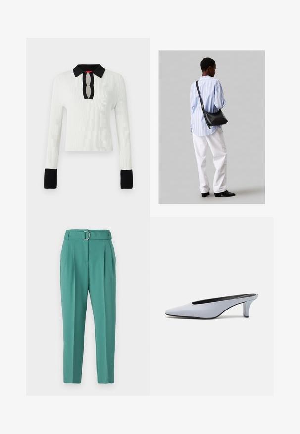 Baltas ribotas megztinis su juodu apykakle ir rankogaliais, su rakto skylutės iškirpte. Ilgos rankovės ir prigludęs dizainas.; Mėlynos kelnės su pritaikytu kirpimu, turinčios platų juosmenį su sidabriniu užsegimu, priekiniais raukiniais ir siaurėjančiais sijonais, suteikiančios elegantišką išvaizdą.; Šviesiai mėlynos patentinės odos mules su smailiu priekiu, žemu permatomu kulnu ir stilingu dizainu, turinčiu išpjovą priekyje.; Juodas odinis petinis krepšys su minkšta tekstūra, trikampiu pavidalu ir reguliuojama juosta, derinamas su šviesiai mėlynu dryžuotu marškinėliu ir baltais džinsais.