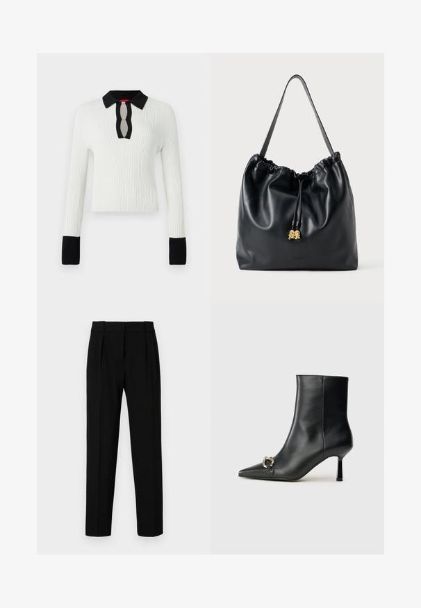 Haut en tricot blanc à côtes avec un col et des poignets noirs, présentant un détail de décolleté en trou de serrure. Manches longues et coupe ajustée.; Pantalons noirs ajustés avec une coupe droite, devant plissé, tissu brillant et taille moyenne. Pas de poches visibles ni de détails métalliques.; Bottine en cuir noir avec un bout pointu, un talon moyen fin et un détail de boucle en argent sur le côté, se détachant sur un fond uni.; Sac en cuir noir avec cordon de serrage, texture lisse, partie supérieure froncée et matériel doré discret. Dispose d'une seule sangle robuste et d'un logo embossé.