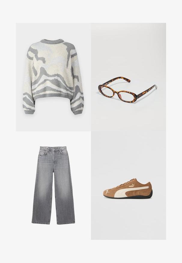 Neuletyyppinen lyhyt villapaita, jossa on harmaa ja kerma-beige abstrakti aaltoilu. Pehmeä tekstuuri, pyöreä pääntie ja väljät hihat.; Harmaat farkut, joissa on leveät lahkeet ja korkea vyötärö, viisi taskua, kulahtanut viimeistely ja kontrastiväriset ompeleet. Varustettu napituksella ja vyölenkeillä.; Ruskean nahkaiset alhaiset tennarit, joissa on kerma valkoisia yksityiskohtia, teksturoitu pinta, musta kumipohja ja brodeerattu logo sivulla ja kielessä.; Kilpikonnakuosiset aurinkolasit, joissa on soikeat linssit, kiiltävä pinta, ohuet varret ja hienovaraiset kuviot, jotka muistuttavat tiikerin raitoja.; Beige mokkanahkainen käsilaukku, jossa on kootut kangaskahvat, kaksi etupussia, joissa on kiristettävät sulkimet, ja hillittyä tekstuuria korostavia yksityiskohtia.