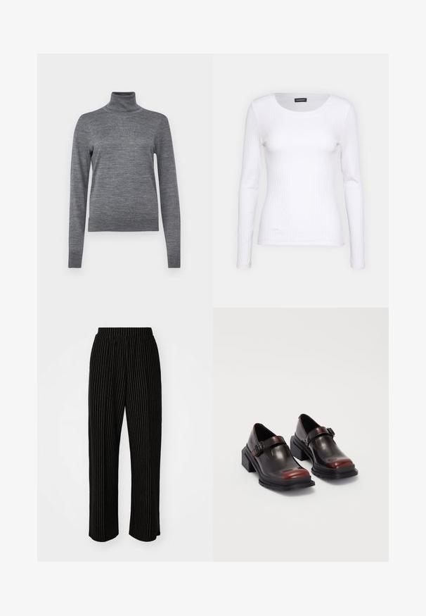 GAP Džemper - charcoal heather; Valge soonikuline pikkade varrukatega pluus ümmarguse kaelusega. Valmistatud venivast kangast, mis kehale siledalt ümber läheb. Omab peeneid horisontaalseid jooni.; Mustad, laiad püksid valgete vertikaalsete triipudega, millel on mugav elastne vöökoht ja sile, pehme tekstuur.; Nahkased blokeeritud kontsaga kingad, millel on läikiv tume burgundi värv, koos pannalalusega ja ümarate sõrmedega disainiga. Struktuurne välistald haarde jaoks.