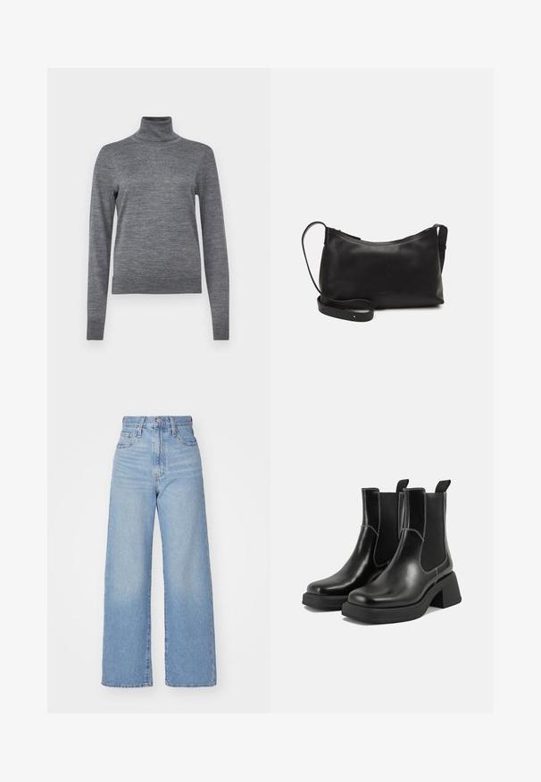 GAP Džemper - charcoal heather; Heledad sinine kõrge vöökohaga laiad teksad, ees nupp ja tõmblukk, ees ja taga taskud, valge tausta peal.; Must musta Chelsea saapad, millel on paks konts, elastsed külgpaneelid ja kontrastne valge õmblus. Tekstuuriga viimistlus.; Mustmust nahk õlakotil on sile tekstuur, kumer kuju, reguleeritav rihm ja lukuga sulgemine. Minimalistlik disain ilma kaunistusteta.