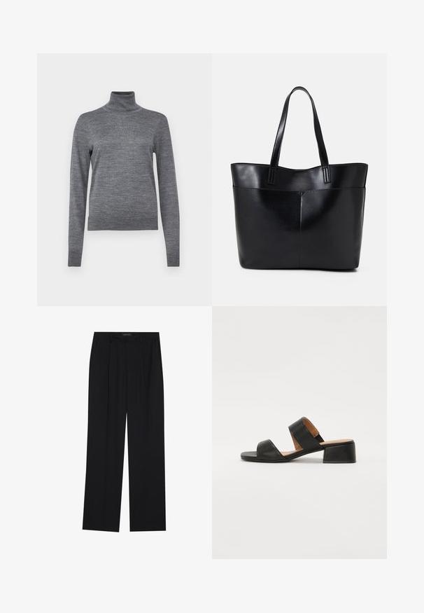 GAP Strickpullover - charcoal heather; Schwarze Hose mit geradem Bein, ausgestattet mit zwei frontalen Taschen und einem Taillenbund. Hergestellt aus einem glatten, leichten Stoff.; Schwarze Ledersandale mit zwei breiten Riemen über dem Fuß, einer quadratischen Zehenpartie und einem niedrigen Blockabsatz. Glatte Textur und minimalistisches Design.; Schwarze Leder-Shopper-Tasche mit zwei langen Griffen, einer glatten Textur und einer strukturierten Form. Verfügt über eine Vordertasche für zusätzlichen Stauraum.