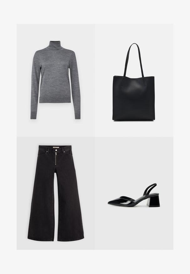 GAP Strickpullover - charcoal heather; Schwarze Denim-Jeans mit weitem Bein, Reißverschluss vorne, Fünf-Taschen-Design und dezenten Stickdetails. Glatte Textur und lässiger Stil.; Schwarze Lackleder-Slingback-High Heels mit spitzem Schuh und einem geometrischen Blockabsatz. Verfügt über ein schlankes, minimalistisches Design und eine glatte Textur.; Schwarze Laptoptasche aus Leder mit glatter Textur, rechteckiger Form und zwei langen Griffen. Keine sichtbaren Beschläge oder Verzierungen.