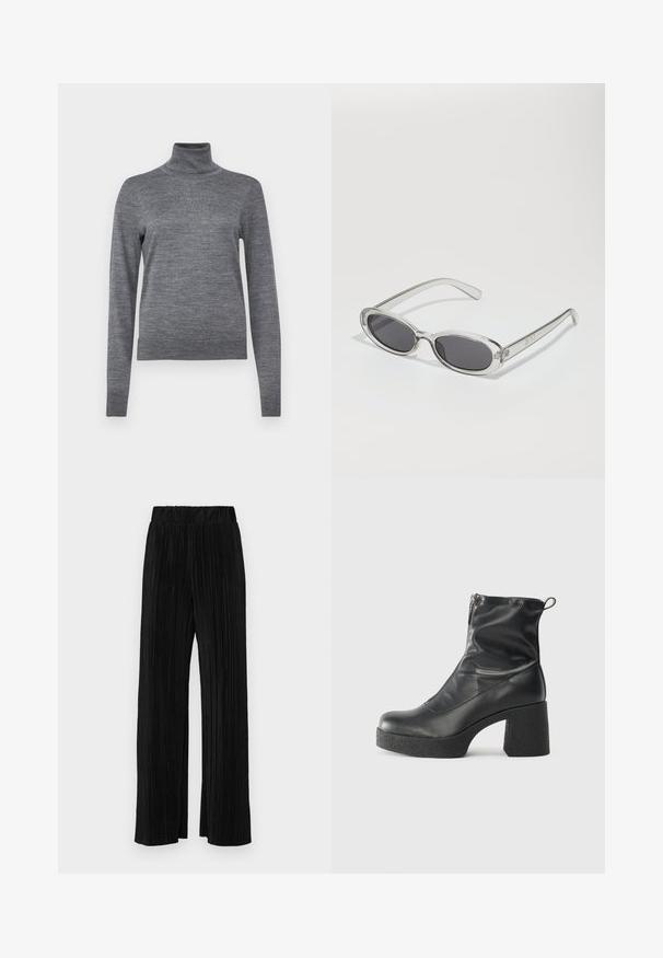 GAP - Sweter; Czarne spodnie plisowane z elastycznym paskiem w talii. Posiadają szerokie nogawki oraz gładki, teksturowany materiał z pionowymi paskami.; Czarne botki za kostkę wykonane z gładkiej skóry, wyposażone w boczny zamek błyskawiczny, masywny teksturowany obcas oraz zaokrąglony czubek.; Okulary przeciwsłoneczne w owalnym kształcie, z przezroczystą plastikową oprawą, ciemnoszarymi soczewkami oraz cienkimi przezroczystymi ramionami z akcentami logo i minimalnymi detalami.; Czarna skórzana torebka na ramię o luźnym kształcie i detalach szwów. Model nosi różową koszulę w białe paski oraz szerokie niebieskie dżinsy.