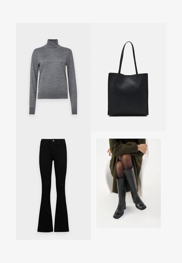 GAP Neule - charcoal heather; Mustat korkeavyötäröiset farkut nappi- ja vetskariyläosalla, etutaskuilla ja levenevillä lahkeilla, asetettuna tasaisesti valkoista taustaa vasten.; Polvisuoja mustat nahastossud, millel on ruudukujuline varvas ja plokk-kints, on esitatud mudeli seljas, kes istub oliivrohelises mantlis. Sile tekstuur, minimaalne detailitus.; Mustapahkainen kangaskassi, jossa on sileä pinta, suorakaiteen muotoinen ja kaksi pitkää kahvaa. Ei näkyvää metalliosaa tai koristeita.