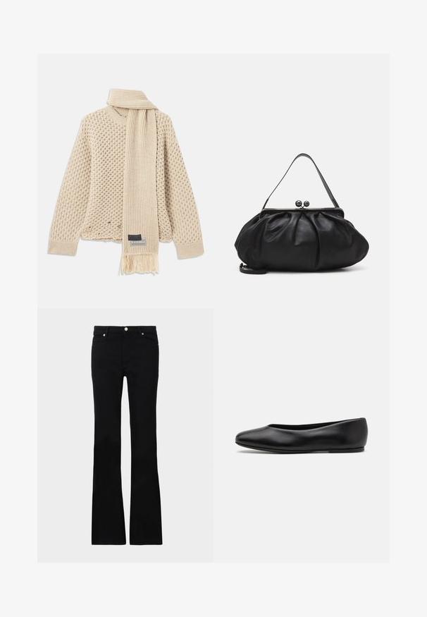 Bežna teksturirana pletena jopica s usklađenim rebrastim šalije, koji ima rese i oznaku branda, oboje položeno ravno na bijeloj pozadini.; Črne zvonaste kavbojke iz denima, ki imajo dve sprednji žepi, gumbasto zapiranje in gladko teksturo. Oznaka zašite vidna na šivih.; Paul Smith TOPANGA - Balerinke - black; Črna usnjena torbica za roke z zaobljeno, naborkano zasnovo. Opremljena je z metalnim zapiralom z dvema dekorativnima kroglicama in tankim, odstranljivim trakom.