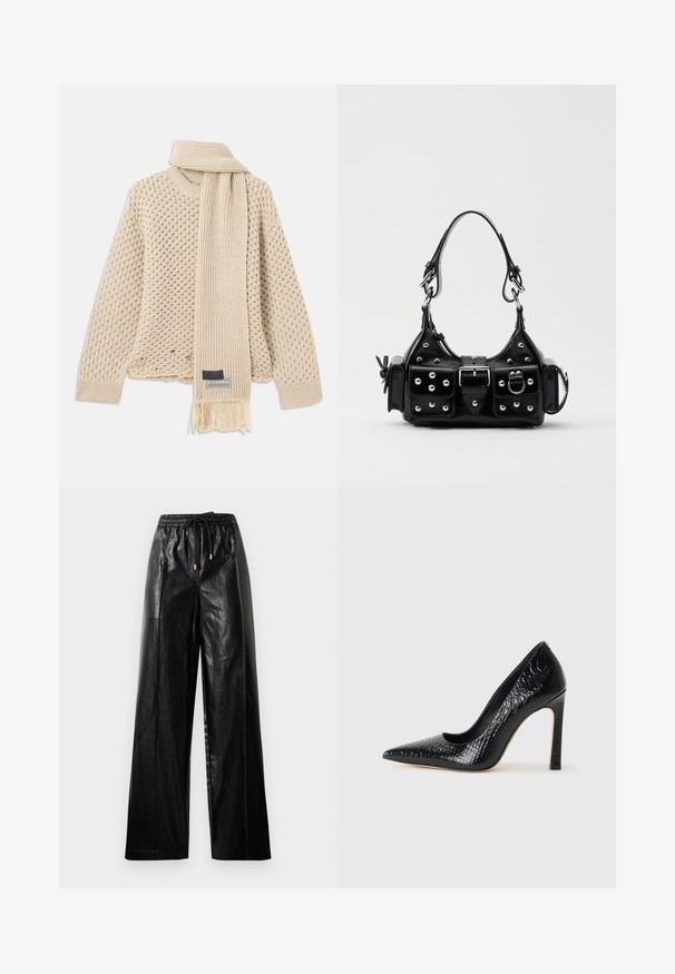 Béžový pletený svetr se strukturou a odpovídajícím žebrovaným šálkem se třásněmi a štítkem značky, oba položeny na bílé pozadí.; Černé kožené kalhoty širokého střihu s elastickým pasem, stahovací šňůrkou a zlatými kovovými detaily. Hladká textura a volný střih.; Černý lodičkový bot s špičatou špičkou, pokrytý texturou krokodýlí kůže, s elegantním designem, vysokým stiletto podpatkem a hladkým černým interiérem.; Černá kožená kabelka s křivkovým designem, zdobená stříbrnými hřebíky, s přezkou a dvěma bočními kapsami. Nastavitelný popruh pro různé možnosti nošení.