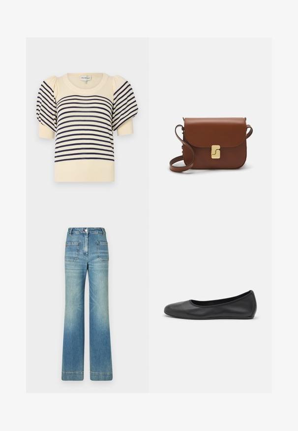 Κρεμ πουλόβερ με ναυτικές οριζόντιες ρίγες. Διαθέτει κοντά φουσκωτά μανίκια και στρογγυλή ραβδωτή λαιμόκοψη. Μαλακό πλεκτό υλικό.; Άσπρο κοντομάνικο μπλουζάκι φτιαγμένο από ριγέ ύφασμα. Στρογγυλή λαιμόκοψη, κανονική εφαρμογή και διακριτές λεπτομέρειες ραφής. Χωρίς σχέδια ή γραφικά.; Ανοιχτό μπλε τζιν παντελόνι σε καμπάνα με πέντε τσέπες, θηλιές για ζώνη, κούμπωμα με κουμπί και ελαφρώς ξεθωριασμένη υφή, με λεπτομέρεια κόκκινου λογότυπου στην πίσω πλευρά.; Μαύρο δερμάτινο μπαλαρίνι με στρογγυλή μύτη, λεία υφή, ελάχιστες λεπτομέρειες ραφής και σχεδίαση ευέλικτης σόλας.; Καφέ δερμάτινη τσάντα χειρός με κλείσιμο καπάκι, χρυσές λεπτομέρειες, ιμάντα ώμου και λεία υφή. Συμπαγές ορθογώνιο σχήμα.