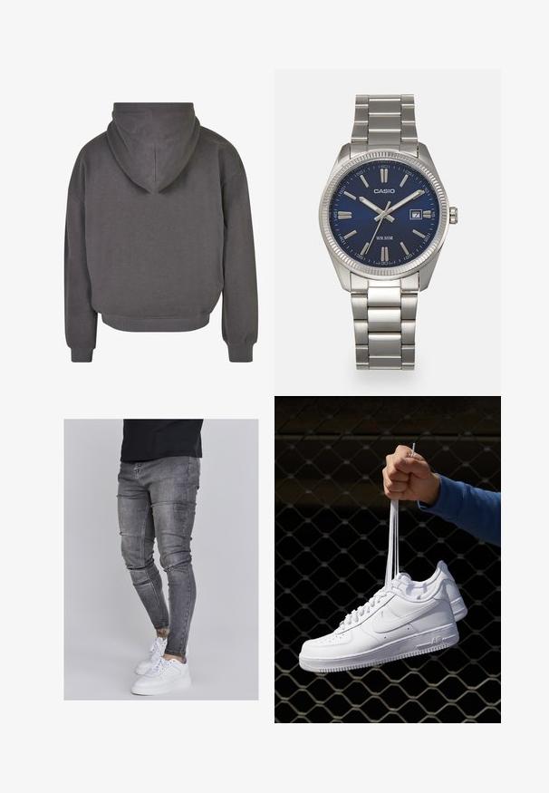 Felpa grigia corta con cappuccio regolabile, polsini e orlo a coste. Tessuto morbido con un design pulito e minimalista.; Jeans skinny in denim grigio sbiadito, con dettagli strappati sulle ginocchia, abbinati a sneakers bianche. Texture liscia, design slim fit.; Sneakers in pelle bianca con perforazioni, punta rotonda, suola piatta e lacci spessi, con logo swoosh visibile e "AIR" sul tallone.; Orologio da polso in acciaio inossidabile argento con quadrante blu navy, indici metallici e finestra della data alle 3. Resistente all'acqua fino a 50 metri.