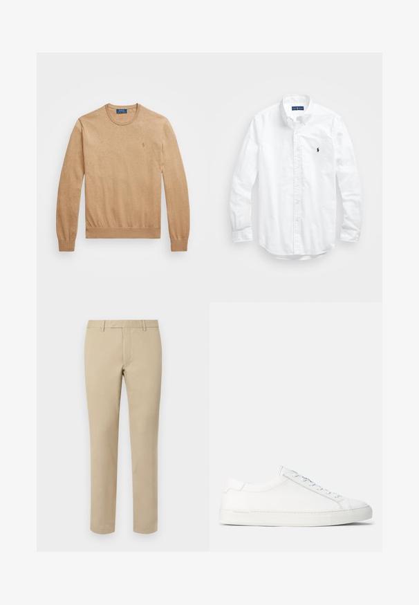 Beež crew-neck sviiter, mis on valmistatud pehmest kudumkangast. Omab soonikservi mansettides ja allääres ning rinnal on väike tikandiga logo.; Valge pikkade varrukatega kotitõmblusega särk puuvillast. Omab klassikalist kraed, nööpidega mansette ja väikest tumesinist tikandit rinnal.; Beezikadest puuvillased püksid sirge lõikega, millel on vöörihmade aukud, lapitekinne ja kohandatud äärised. Sile tekstuur ja minimaalne detailide jagamine.; Valged nahast tennisekotid sujuva tekstuuri, ümar kuju, lamedad kummitaldad ja valged nöörid. Omab minimalismi ning peent brändimist.