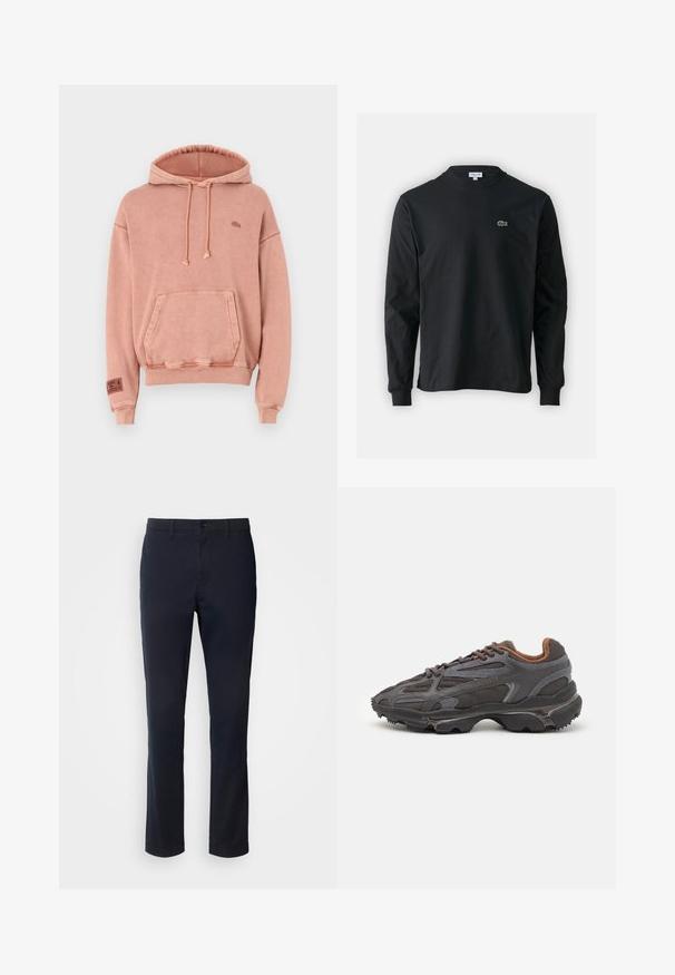Felpa rosa in cotone con tasca a marsupio, cappuccio con cordino e polsini a coste. Presenta un piccolo e sottile logo sul petto.; T-shirt a maniche lunghe nera in cotone, con scollatura rotonda e un piccolo logo di coccodrillo ricamato in verde sul lato sinistro del petto.; Pantaloni blu navy realizzati in tessuto liscio, con un design a gamba dritta, passanti per cintura e chiusura con bottone e zip.; Sneaker Lacoste grigie scure in materiale mesh e sintetico, con suola testurizzata e dettagli marroni sul colletto e sul branding.