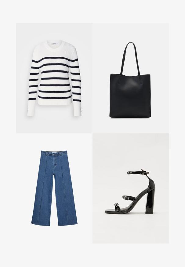 Pull blanc avec des rayures horizontales navy, texture côtelée, col rond et accents de boutons sur les manches.; Jeans en denim à jambes larges de couleur bleu moyen, présentant une taille haute, une fermeture à bouton et des détails de couture verticaux contrastants à l'avant.; Sandales à talons vernies noires avec un bout carré, des sangles autour de la cheville et des boucles en argent. Dotées d'un talon bloc épais pour plus de stabilité.; Sac fourre-tout en cuir noir avec une texture lisse, de forme rectangulaire et deux longues poignées. Pas de matériel ou d'ornementations visibles.