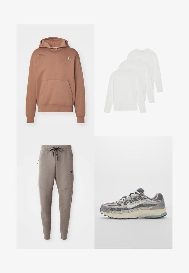 Brun hettegenser laget av mykt stoff, med kengurulomme, ribbede mansjetter og en hvit Jumpman-logo på brystet.; Sett med tre langermede T-skjorter i ensfarget hvitt. Laget av myk, lettvektig stoff med rund hals og et enkelt, upyntet design.; Grå Nike joggebukser med snor i midjen, smale ben, sidelommer og distinkte sømdetaljer. Myk, teksturert stoff.; Grå treningssko med overdel i nett og semsket skinn, hvite detaljer, en polstret såle, og et særpreget design med reflekterende elementer.