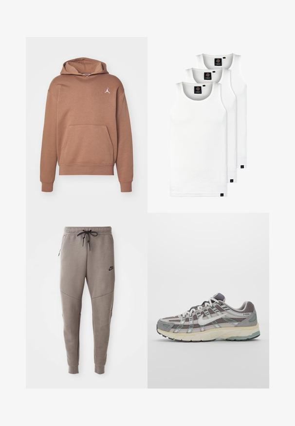 Ruskea huppari, joka on valmistettu pehmeästä kankaasta. Siinä on kengurupocket, ribbaatut hihansuut ja valkoinen Jumpman-logo rinnassa.; Kolme valkoista ribbitekstiilistä toppia, jotka on valmistettu puuvillasta. Ominaisuuksiin kuuluu pyöreä pääntie ja pieni musta etiketti helman lähellä. Saatavilla useissa kooissa.; Harmaat Nike-juoksuhousut, joissa on kiristysnyöri vyötäröllä, kapeat lahkeet, sivutaskut ja erottuva sauman yksityiskohtaisuus. Pehmeä, tekstuuri kangas.; Harmaa urheilukenkä, jossa on verkko- ja mokkanahkainen yläosa, valkoiset yksityiskohdat, pehmustettu pohja ja erottuva muotoilu heijastavilla elementeillä.