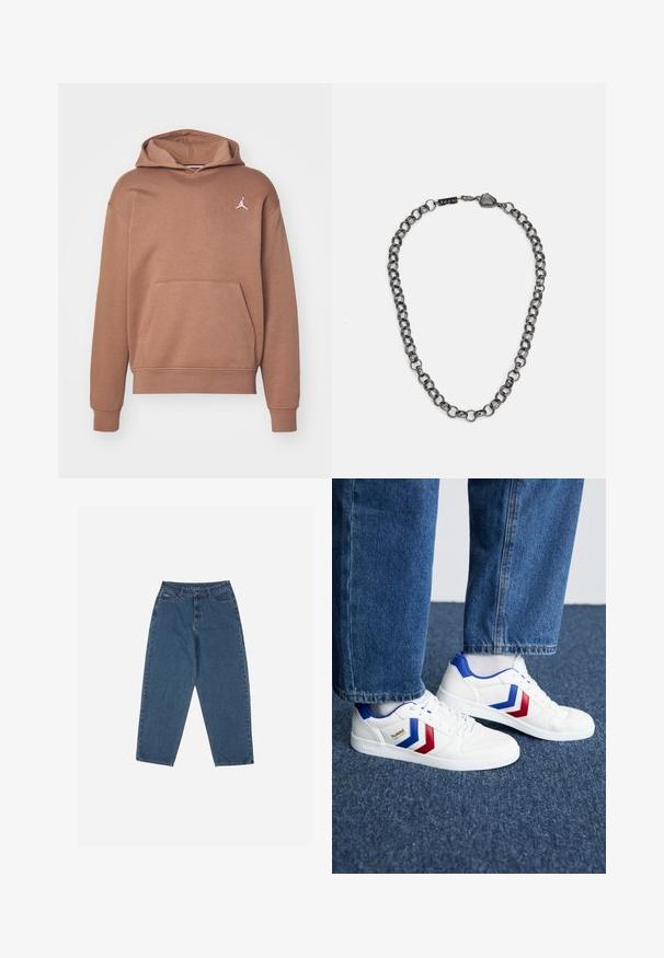 Sudadera marrón hecha de un tejido suave, con un bolsillo canguro, puños acanalados y un logo Jumpman blanco en el pecho.; Vaqueros de denim azul con un corte relajado, cintura alta, diseño de cinco bolsillos y acentos de costura. Cuenta con un cierre de botón y cremallera.; Zapatillas blancas con acentos en chevron azul y rojo, cuero texturizado, punta redonda y suela de goma plana, combinadas con pantalones de mezclilla azul.; Collar de cadena de metal con eslabones alargados en un color gris oscuro. Presenta un acento geométrico y un cierre con detalle de marca.