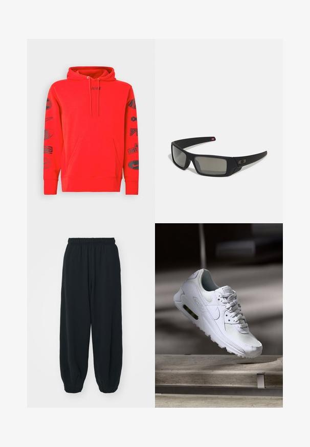 Sarkans kapuņņs ar kengura kabatu, ar melniem drukātiem logotipiem un dizainiem uz piedurknēm un krūšu daļas, izgatavots no mīksta auduma.; Melnas sporta bikses ar elastīgu jostasvietu, brīvu piegriezumu, aprocēm ap potītēm, gludu tekstūru, un bez redzamām rakstu vai aparatūras akcentiem.; Baltas Nike Air Max 90 sporta apavi ar sietu un ādas augšdaļu, caurspīdīgu pirksta daļu un redzamu gaisa vienību papēdī.; Melni saulesbrilles ar matētu apdari, taisnstūra lēcām, nedaudz izliektiem tempļiem, smalkiem logotipa elementiem un dūmu nokrāsas lēcām.