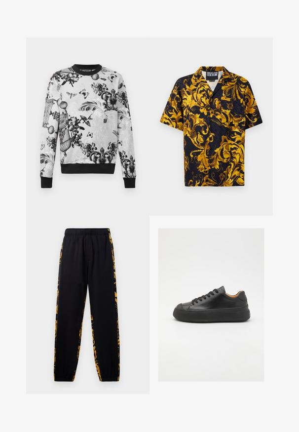 Crewneck sweatshirt in black and white featuring intricate floral and butterfly patterns, textured fabric, and black cuffs and hem.; Black short-sleeve button-up shirt with yellow and gold baroque floral patterns and a front pocket, labeled Versace Jeans Couture inside collar.; Black jogger pants with elastic waistband and cuffs, featuring gold and black floral patterned side panels.; Black leather sneaker with a round toe, lace-up front, smooth texture, thick rubber sole, and contrasting tan interior.