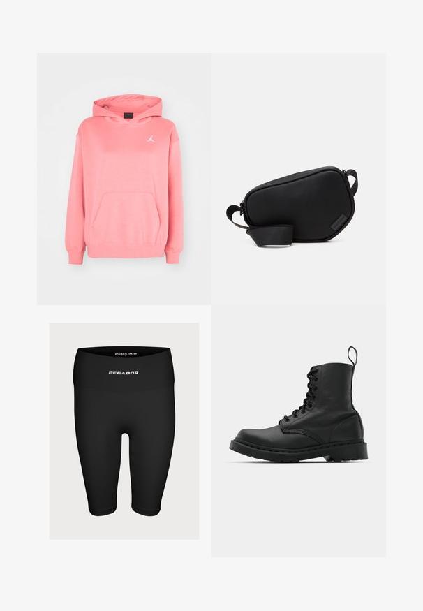 Hanorac roz cu glugă, dotat cu un buzunar frontale, manșete și tiv cu elastic. Prezintă un logo alb pe piept. Material moale cu o textură netedă.; Șorturi atletice negre, realizate dintr-un material elastic, având un talie înaltă cu un logo alb "PEGADOR" pe față.; Cizmă de luptă din piele neagră, cu vârf rotund, șireturi în față și o bandă de tragere la gleznă. Dispune de o talpă groasă din cauciuc pentru durabilitate.; Geantă crossbody neagră, cu fermoar, realizată din material neted, având o formă plată, o singură curea și un accent mic cu logo. Design minimalist.