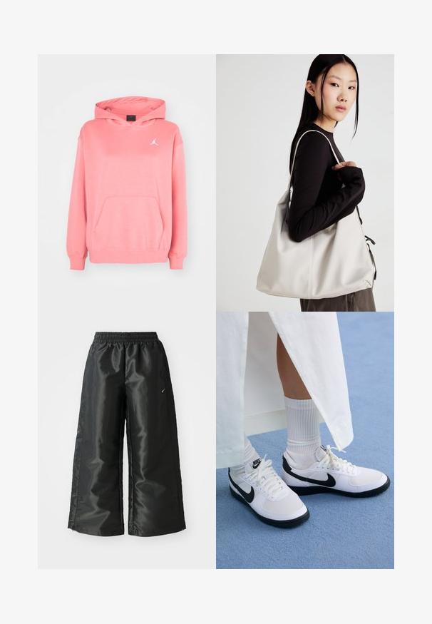 Rózsaszín kapucnis pulóver elülső zsebbel, bordás mandzsettákkal és alsó résszel. A mellkasán fehér logó található. Puha anyag, sima textúrával.; Fekete sportnadrág fényes, sima anyagból, rugalmas derékkal, széles lábakkal és egy kis logóval a bal oldalon.; Fehér Nike sportcipők fekete kiegészítőkkel, sima bőrből készült felsőrésszel, fehér cipőfűzőkkel és strapabíró gumitalppal, fehér bordás zoknival párosítva.; Puha anyagból készült bézs kézitáska, laza dizájnnal, varrott részletekkel és két vállpánttal. Mindennapi használatra alkalmas.