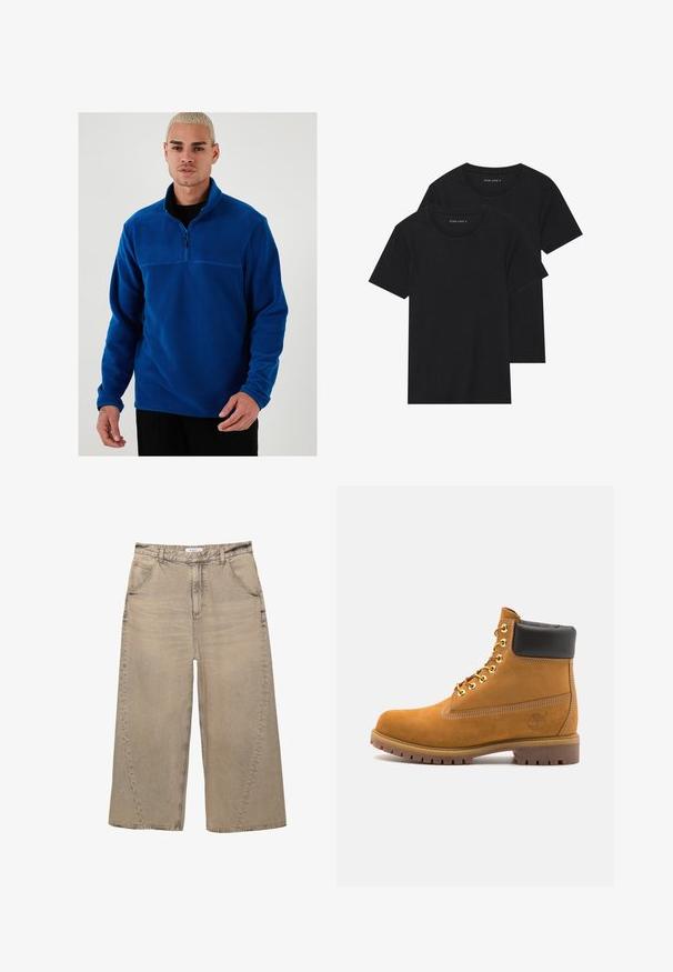 Blauwe fleece pullover met een kwart-rits aan de voorkant, lange mouwen en een gladde textuur. Beschikt over een contrasterend paneel over de borst.; Twee zwarte katoenen t-shirts met korte mouwen, ronde halslijnen en een gladde textuur, gepresenteerd op elkaar gestapeld.; PULL&BEAR MEGA BAGGY - Baggy jeans - light grey; Tan suède enkelboot met zwart gevoerd kraagje, gouden metalen oogjes, witte stikdetails en een robuuste rubberen zool met uitgesproken profiel.