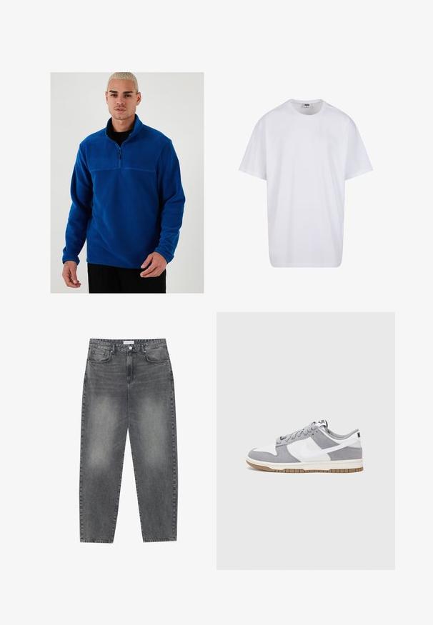 Mėlynas flisinis puloveris su ketvirčio užtrauktuku priekyje, ilgomis rankovėmis ir glotnia tekstūra. Yra kontrastinga juostelė per krūtinę.; Balta medvilninė marškinėlių užsagėlė su trumpomis rankovėmis, apvaliu kaklu, laisva forma ir be matomų logotipų ar raštų. Lygi tekstūra ir minimalus dizainas.; Aukštai juosmeniu, laisvai krentančios džinsai iš blukusių juodų džinsų. Savybės: penki kišenės, diržo kilpos ir švari, tiesi kojų dizainas.; Nike sportbačiai turi pilką zomšinį ir baltą odinį viršų su perforacijomis, apvaliais raišteliais ir gumine padų danga sukibimui.