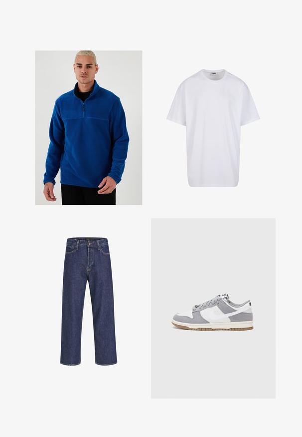 Plavi flis pulover s četvrtim patentnim zatvaračem sprijeda, dugim rukavima i glatkom teksturom. Sadrži kontrastni panel preko prsnog dijela.; Bijela pamučna majica s kratkim rukavima, zaobljenim izrezom, opuštenog kroja, bez vidljivih logotipa ili uzoraka. Glatka tekstura i minimalni dizajn.; Tamno plave traperice s ravnim krojem, dizajnom s pet džepova, metalnim kopčanjem i kontrastnim šavovima, koje imaju suptilnu teksturu.; Nike tenisice imaju gornji dio od sive brušene kože i bijele kože s perforacijama, okrugle vezice i gumeni potplat za prianjanje.
