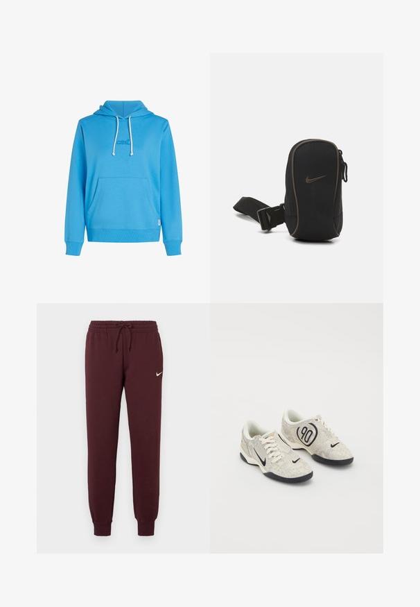 Blauwe hoodie gemaakt van zacht stof, met een voorzak, trekkoordkap en een klein geborduurd logo. Ribgebreide manchetten en zoom.; Bordeauxkleurige trainingsbroek met elastische taille en koord. Heeft ribgebreide boorden en een klein wit Nike-logo op de linkerdij. Soepele textuur.; Nike sneakers met een beige en grijze textuur bovenkant, zwarte accenten, een groot "90" logo en een witte vetersluiting. Zwarte zool.; Zwarte Nike pouch met ritssluiting, gestructureerde stof, bruine accenten en een afneembare schouderband. Voorzien van een opvallend Nike-logo aan de voorkant.