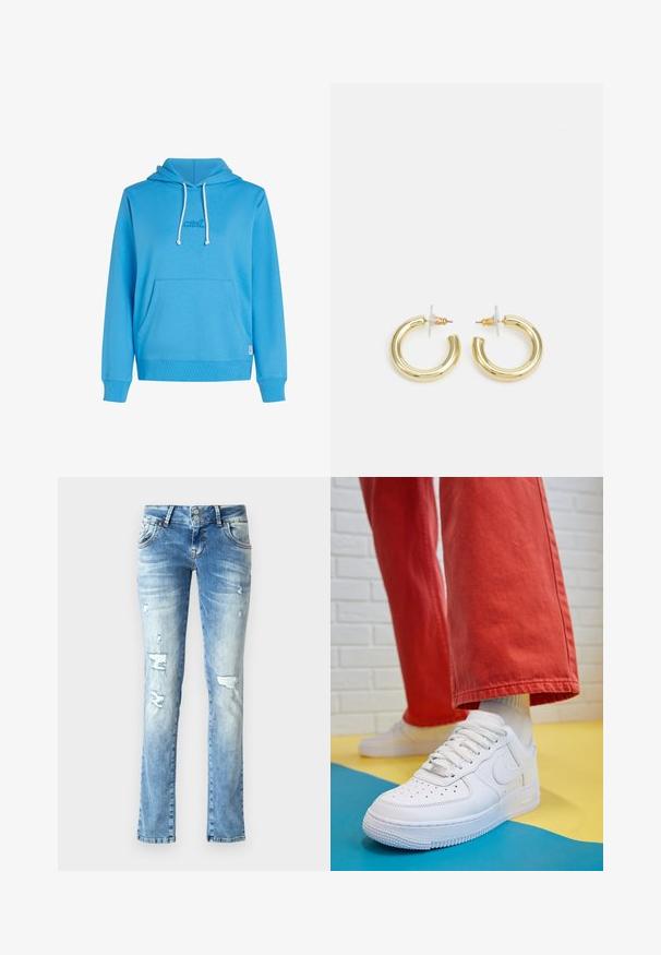 Modrá mikina s ľahkým materiálom, ktorá má predné vrecko, kapucňu so šnúrkami a malé vyšívané logo. Rybované manžety a lem.; Svetlomodré rifle z denimového materiálu s voľným strihom, so zaoblenými detailmi, zapínaním na gombíky s dvoma gombíkmi a rovnými nohavicami.; Biele kožené tenisky s perforovanou špičkou, textúrovanou podrážkou a bielymi šnúrkami, spárované so širokými červenými nohavicami na modrom a žltom pozadí.; Zlaté kruhové náušnice s hladkým, lesklým povrchom. Cirkulárny dizajn s malým steblom a jasným záznamom pre bezpečné nosenie.