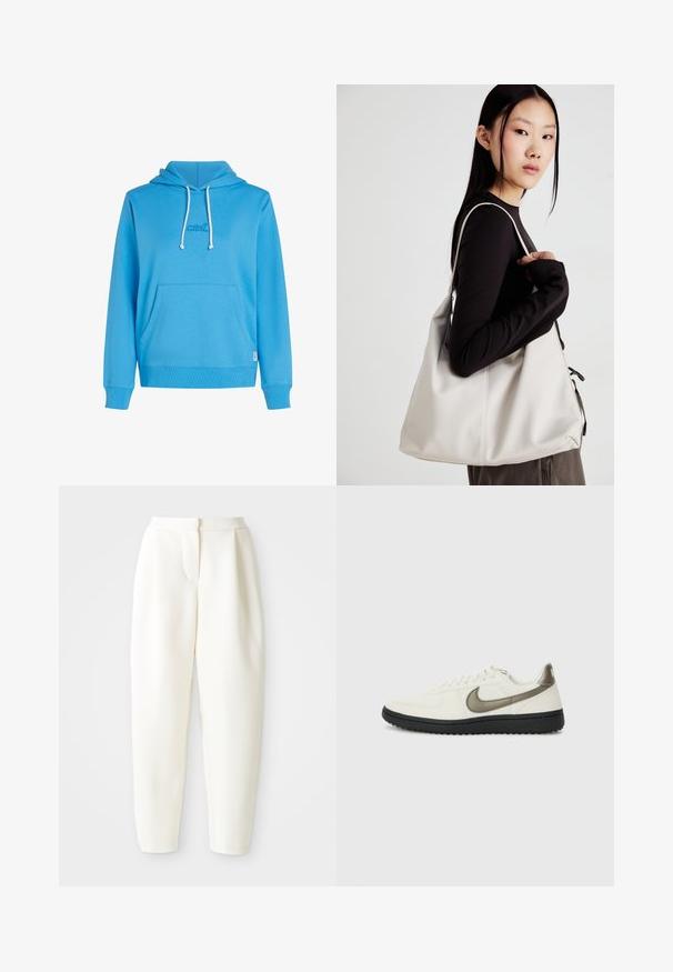 Sinine kapuutsiga jaki, mis on valmistatud pehmest kangast ja millel on ees tasku, nööriga kapuuts ja väike broderitud logo. Ribitud varrukaotsad ja allääre.; Kõrge vöökoht ja kitsenevad valged püksid peidetud esiklõike ja küljetaskutega, esitlemine lihtsa valge tausta ees.; Nike Sportswear FIELD GENERAL - Tossud - off-white/black; Bež käekott pehme materjali, millel on lõtv disain, õmblustega detailid ja kaks õlarihma. Sobib igapäevaseks kasutamiseks.