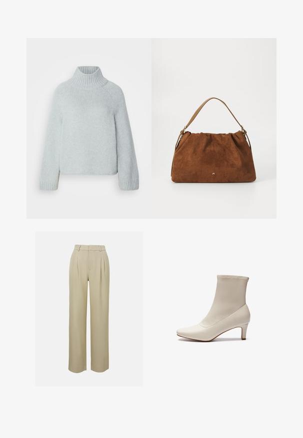 Světle šedý pletený svetr s vysokým rolákem, žebrovanými manžetami a spadlými ramenními švy; měkká textura a volný střih.; Krémové kalhoty s širokými nohavicemi vyrobené z hladkého materiálu, s předními záhyby, upraveným pasem a postranními kapsami. Čistý lem.; Bílé kotníkové boty vyrobené z hladké kůže, s špičatou špičkou a krátkým, zúženým podpatkem. Vyznačují se minimalistickým designem a bezešovým svrškem.; Hnědá semišová kabelka se skládáním, s jedním světlým koženým popruhem a decentním zlatým logem na přední straně.