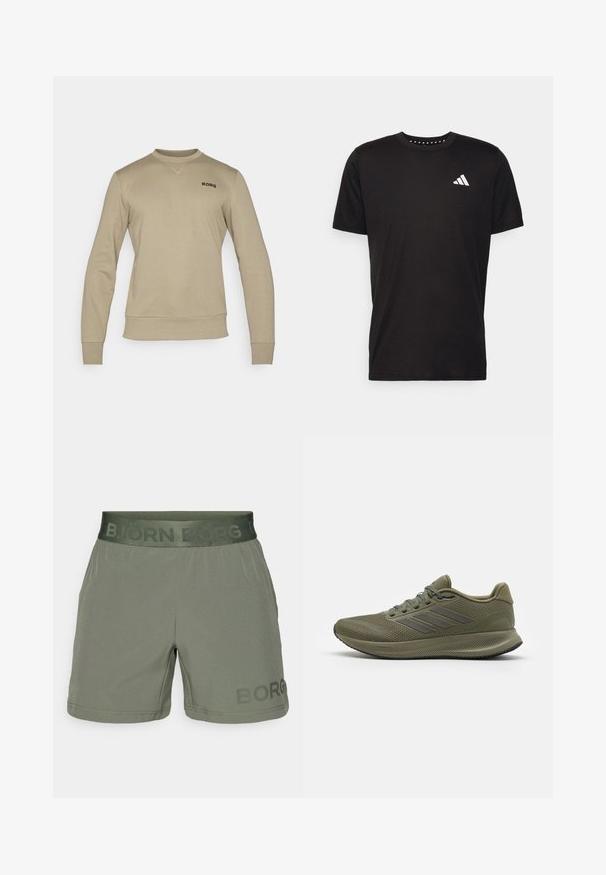 Felpa beige con maniche lunghe, polsini e orlo a coste. Presenta un sottile collo rotondo e il logo "BORG" in nero sul petto.; T-shirt in cotone nero con maniche corte, scollo rotondo e logo bianco sul lato sinistro del petto. Texture liscia e design semplice.; Shorts sportivi verdi realizzati in tessuto leggero. Presentano una vita elastica con il testo "BJÖRN BORG" e un logo stampato sulla coscia sinistra.; Scarpe sportive verdi con tomaia in mesh testurizzato, tre strisce grigie lungo il lato e una soletta imbottita. Presentano lacci e un collare imbottito.