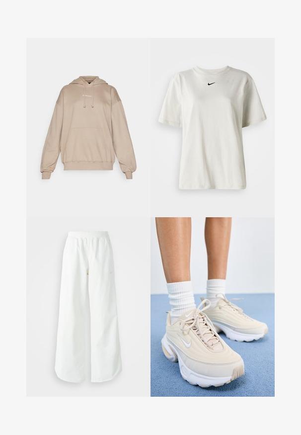 Béžová mikina s kapucňou vyrobená z jemného materiálu, s klokankou, kapucňou na šnúrku a jednoduchým predným logom. Voľný strih.; Biely bavlnený tričko s okrúhlym výstrihom a krátkymi rukávmi. Na hrudi sa nachádza malé čierne logo Nike. Jednoduchý a nezdobený dizajn.; Biele široké športové nohavice s ribbovaným pásom a jemným logom. Hladká tkanina s uvoľneným strihom a zúženým lemom.; Béžové športové topánky s textúrovaným zvrškom, bielymi šnúrkami a hrubou bielou podrážkou. Dizajn obsahuje jemné krivky a malé logo.