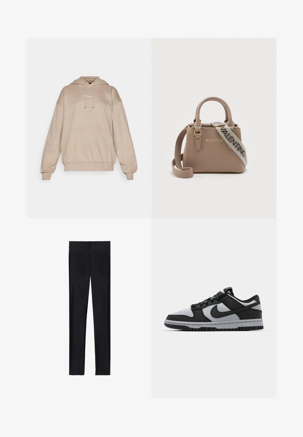 Sudadera con capucha beige hecha de tela suave, con un bolsillo canguro, capucha con cordón y un sencillo logo en la parte delantera. Corte relajado.; Leggings negros hechos de tela elástica; presentan una textura suave, diseño de pierna completa y una cinturilla elástica sin costuras visibles.; Zapatillas bajas Nike Dunk en negro y gris, con punta perforada, detalles en cuero liso y suela de goma que presenta un patrón de tracción texturizado.; Pequeño bolso beige con un diseño estructurado, asas superiores y una correa de hombro desmontable con "VALENTINO" en negro. Acentos en dorado.