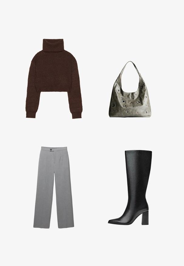 Even&Odd Trui - brown; Grijze op maat gemaakte broek met een brede pijp, platte voorkant en subtiele textuur. Bevat een enkele knoopsluiting en strakke lijnen.; Zwarte laars tot de knie van faux leer met een spitse neus, een gladde textuur en een chunky blokhak. Minimalistisch ontwerp zonder zichtbare accenten.; Olijfgroene leren handtas met een slungelig ontwerp, voorzien van rondvormige uitsparingen van verschillende groottes en accenten in donkerdere en lichtere tinten.