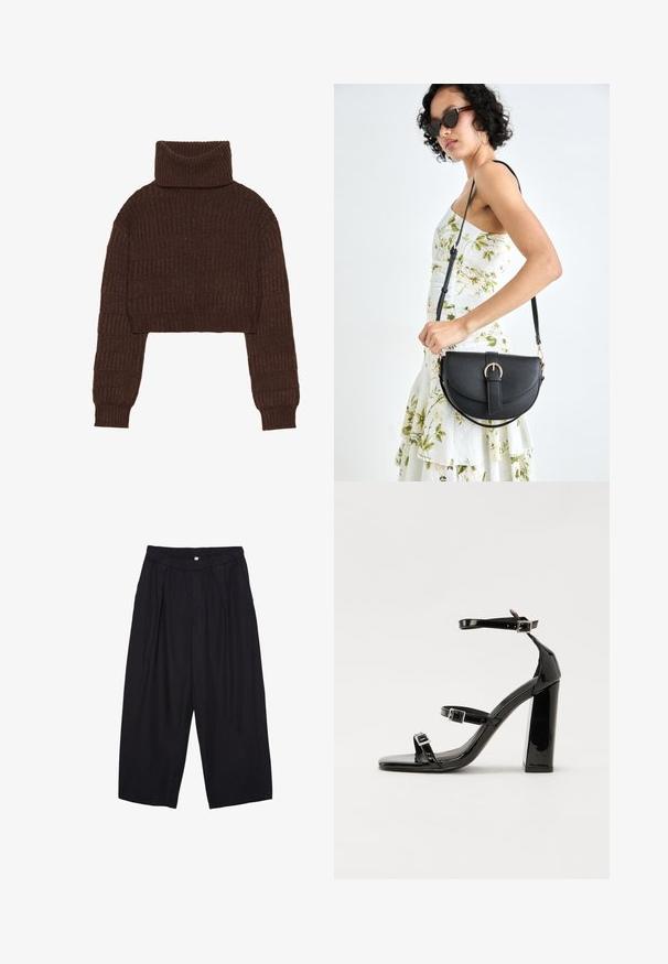 Even&Odd Maglione - brown; Pantaloni culotte neri in poliestere con una cintura elastica, due pieghe frontali e una silhouette ampia. Nessun motivo visibile o dettagli in metallo.; Sandali con tacco in vernice nera, con punta squadrata, cinturini alla caviglia e fibbie in argento. Presentano un tacco a blocco spesso per maggiore stabilità.; Borsa a tracolla nera in pelle con una forma curva, manico rimovibile e accessori dorati. La borsa presenta una patta con un dettaglio a fibbia.