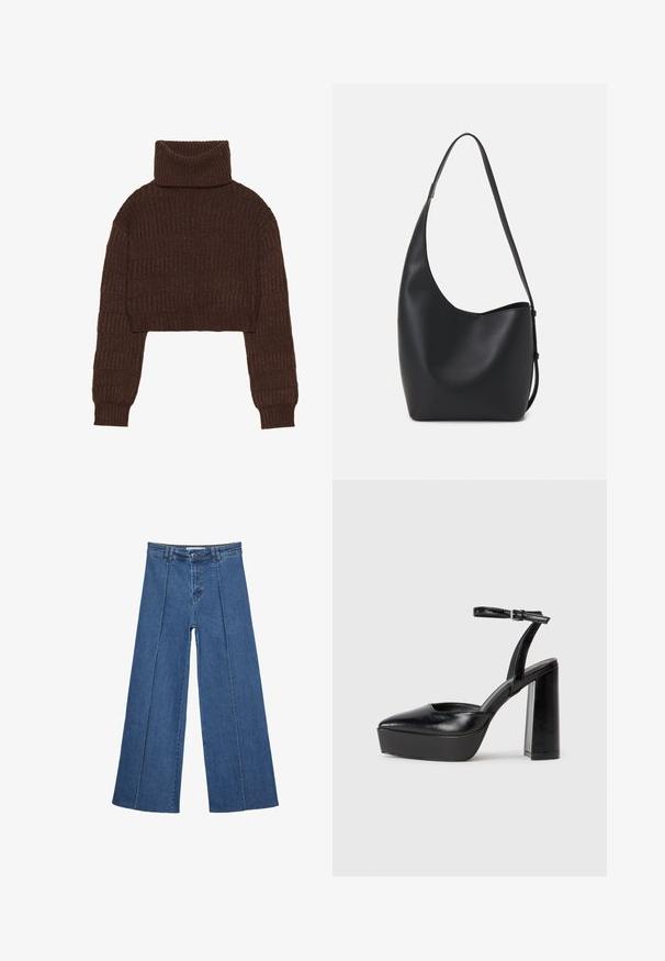 Even&Odd Vesta - brown; Široke traperice u srednje plavoj boji, s visokim strukom, zatvaranjem na dugme i kontrastnim vertikalnim šavovima duž prednje strane.; Crne platforme s potpeticom s oštrim vrhom i podešivom naramenicom. Izrađene od glatke kože, s masivnom blok petom.; Crna kožna hobo torba s glatkom teksturom, zakrivljenim oblikom i jednom podesivom trakicom; ima širok otvor na vrhu.