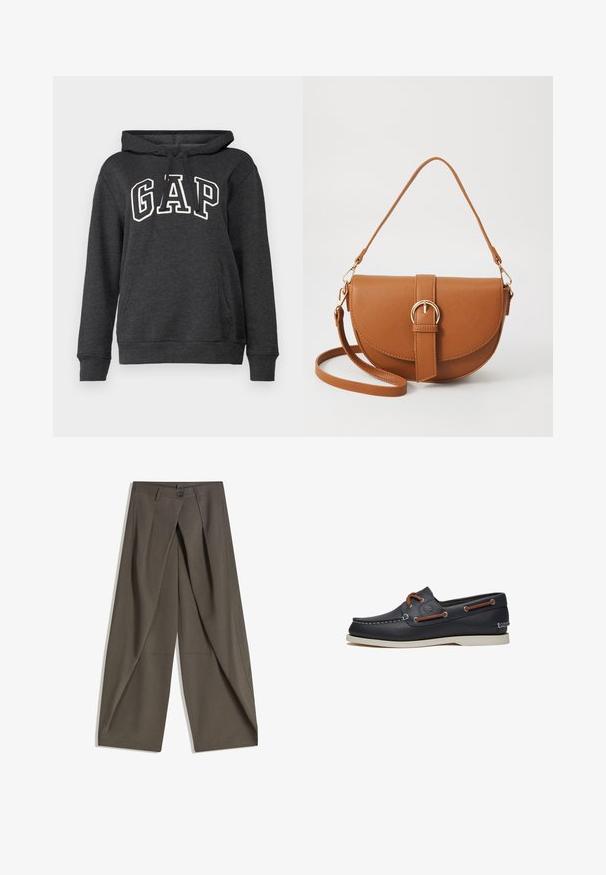 Dark gray hoodie made of soft fabric featuring a kangaroo pocket, drawstring hood, and large white "GAP" logo on the front.; Wide-leg trousers made of a textured, dark gray fabric. Features a front pleat, button closure, and side pockets for practicality.; Navy blue leather boat shoes with brown laces and eyelets, white rubber sole, and stitched detailing along the upper edge.; Brown leather crossbody bag with a curved shape, gold hardware, and a buckle accent. Features a detachable shoulder strap.