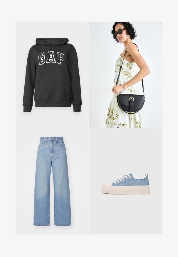 Sudadera gris oscura hecha de una tela suave con un bolsillo tipo canguro, capucha con cordón y un gran logo blanco de "GAP" en el frente.; Jeans de tiro alto y pernera ancha en azul claro, con cierre frontal de botón y cremallera, y bolsillos delantero y trasero, sobre un fondo blanco.; Zapatillas de lona azul claro con una puntera y suela de goma crema, que cuentan con cordones blancos y una lengüeta en el talón.; Bolso de piel negra con forma curva, correa desmontable y herrajes dorados. El bolso cuenta con una solapa con un detalle de hebilla.