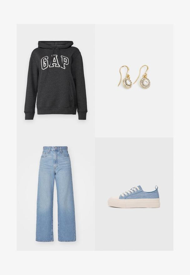 Tumši pelēks kapuce, kas izgatavota no mīksta auduma, ar kengura kabatu, kapuci ar auklu un lielu baltu "GAP" logo priekšpusē.; Gaiši zili augstās jostas vidukļa platās bikses ar priekšējo pogu un rāvējslēdzēju, priekšējām un aizmugurējām kabatām uz baltā fona.; Gaiši zili kanvas sneakeri ar krēmkrāsas gumijas pirksta aizsargu un ārējo zoli, aprīkoti ar baltām šņorēm un cilpu uz papēža.; Zelta tonī veidotas auskaru piekariņi ar ovālu izgriezumu caurspīdīgām kristālēm, kuras ieskauj mazākas caurspīdīgas akmeņu daļiņas, ar āķveida dizainu drošai valkāšanai.