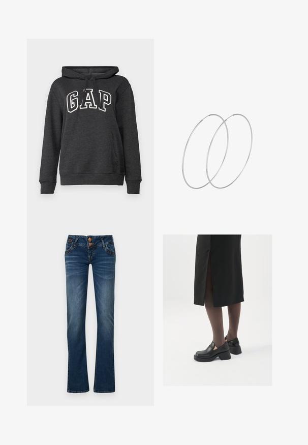 Tumehall sweater pehmest kangast, millel on tasku nagu kenguru, joonimisega kapuuts ja suur valge "GAP" logo ees. ; Tumedad sinise bootcut teksad, kus on kaks esist nuppu, viis taskut ning õrn fade-reklaam reitel ja põlvili.; Mustad mustad jalatsid ümmarguse varbaga, paksu plokkniidi ja elastsete külgdetailidega, kombineeritud tumedate sukkade ja musta lõhikuga seelikuga.; Hõbedased rõngastikkaehingad minimalistlikus disainis. Ümar kuju, sile tekstuur ja õhuke profiil. Kerged ning poleeritud viimistlusega.