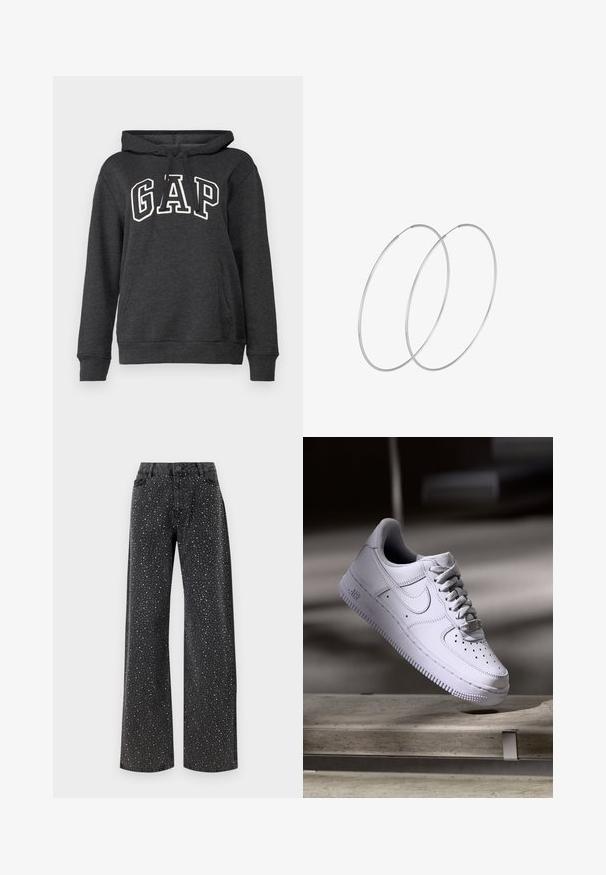 Dark gray hoodie made of soft fabric featuring a kangaroo pocket, drawstring hood, and large white "GAP" logo on the front.; Noisy May NMJANNEL LOOSE - Relaxed fit jeans - black denim; White Nike Air Force 1 sneaker levitating above a concrete surface with shadows in a minimalist setting.; Silver hoop earrings with a minimalist design. Circular shape, smooth texture, and thin profile. Lightweight with a polished finish.