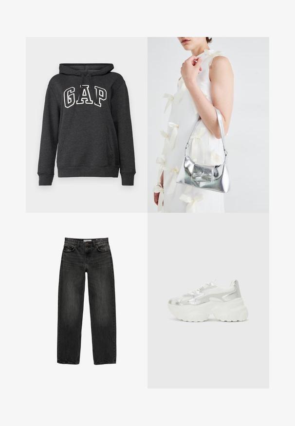 Donkergrijze hoodie van zacht materiaal met een kangoeroezak, een capuchon met trekkoord en een groot wit "GAP" logo op de voorkant.; Zwarte denim jeans met een relaxte pasvorm, rechte pijpen, vijf-pocket ontwerp en een licht vervaagde textuur. Knop- en ritssluiting aan de voorkant.; Zilveren sneaker met een gestructureerde mesh bovenkant en iriserende accenten, voorzien van een chunky witte zool en vetersluiting.; Zilveren metallic handtas met een gestructureerde vorm, voorzien van een bovenhandvat en een strikdetail aan de voorkant. Gladde textuur, reflecterende afwerking.