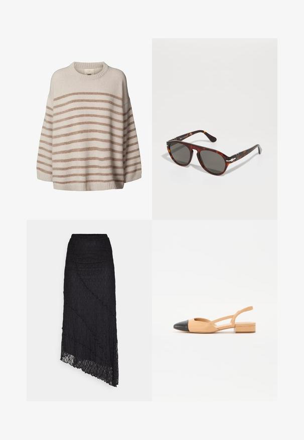 Heledad beežist kampsun, millel on laiad horisontaalsed pruunid triibud. Omab ümmargust kaelust ja langevaid õlgu. Pehme tekstuur ja soonikkoes äär.; ONLY ONLKIM LACE SKIRT - Maksiseelik - black; Beež nahk slingback korterid musta terava toe, väikese plokknäpu ja külgedel ristselgadega. Sile tekstuur.; Suuruselt mõõdus prillid hallide objektiividega. Sile plastikraam, ümar kuju, metallist aksessuaarid pea juures. Kerge peegeldav pind.