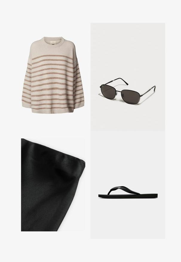 Ljusbeige tröja med breda, horisontella bruna ränder. Har en rund halsringning och sänkta axlar. Mjuk textur med ribbat nederkant.; Svart tyg med en slät textur, med en vikt kant. Materialet har en svag lyster och en enhetlig yta utan mönster eller dekorationer.; Svart gummislip-in sandal med ett texturerat rem och enkel platt sula, visas från sidan på en enkel ljus bakgrund.; Svarta metallsolglasögon med oval form, mörka linser, smala skalmar och en subtil logotyp på vänster lins. Elegant och minimalistisk design.
