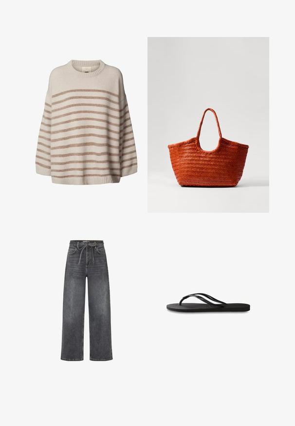 Lys beige sweater med brede, vandrette brune striber. Har en rund halsudskæring og sænkede skuldre. Blød texture med ribbet kant.; Højtaljede, vide sorte denim jeans med frontlommer og et stofbælte, der er bundet i en sløjfe i taljen.; Sorte flip-flop med en tekstureret gummisål, to slanke stropper og et subtilt, præget logodetalje på stroppen.; DRAGON DIFFUSION NANTUCKET BASKET BIG - Håndtasker - naranja