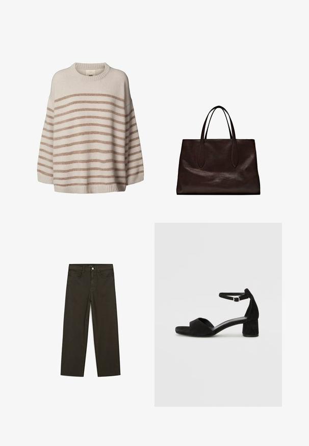 Maglione beige chiaro con ampie righe orizzontali marroni. Presenta un collo rotondo e spalle basse. Morbida texture con orlo a costine.; Jeans a gamba larga di colore verde scuro, realizzati in tessuto misto cotone, dotati di chiusura con bottone frontale, cinque tasche e cuciture classiche in denim.; Sandali con tacco in suede nero, con una sottile fascia alla caviglia, design open toe e un discreto tacco a blocco. Texture liscia e decorazioni minime.; Massimo Dutti Borsa a mano - brown