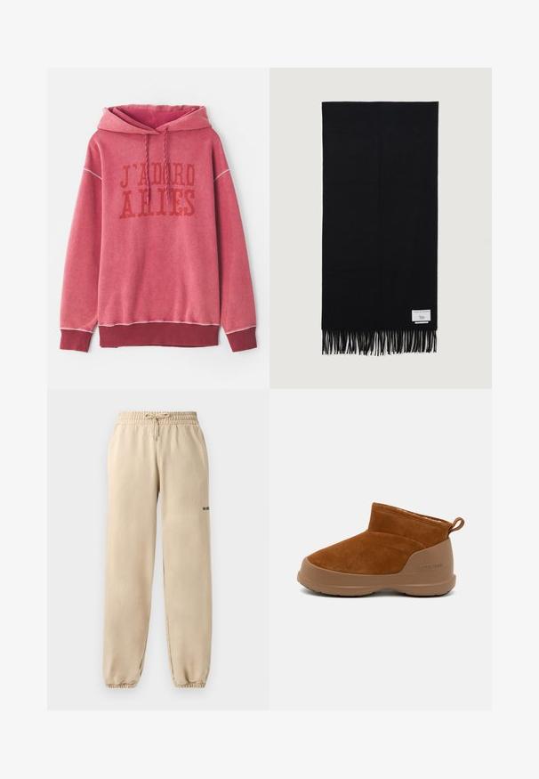 Raudonas džemperis su gaubtu, su spausdintu tekstu "J'ADORE ARIES" tamsiai raudona spalva. Susiraukšlėję rankogaliai ir apatinė dalis, pagamintas iš minkštos, tekstūruotos medžiagos.; Bežiniai treningai su elastinga juosta ir raišteliu, su užlenktais apvadu ir minimaliais išrašais ant šono. Lygi tekstūra.; Ruda nubuko kulkšnė su rudų guminių padų, kuri turi paprastą dizainą, apvalią noselę ir mažą nugarinę kilpą.; Juodas šalikėlis, pagamintas iš minkštos medžiagos, su ilgais kutais galuose ir maža prekės ženklo etikete vienoje pusėje.